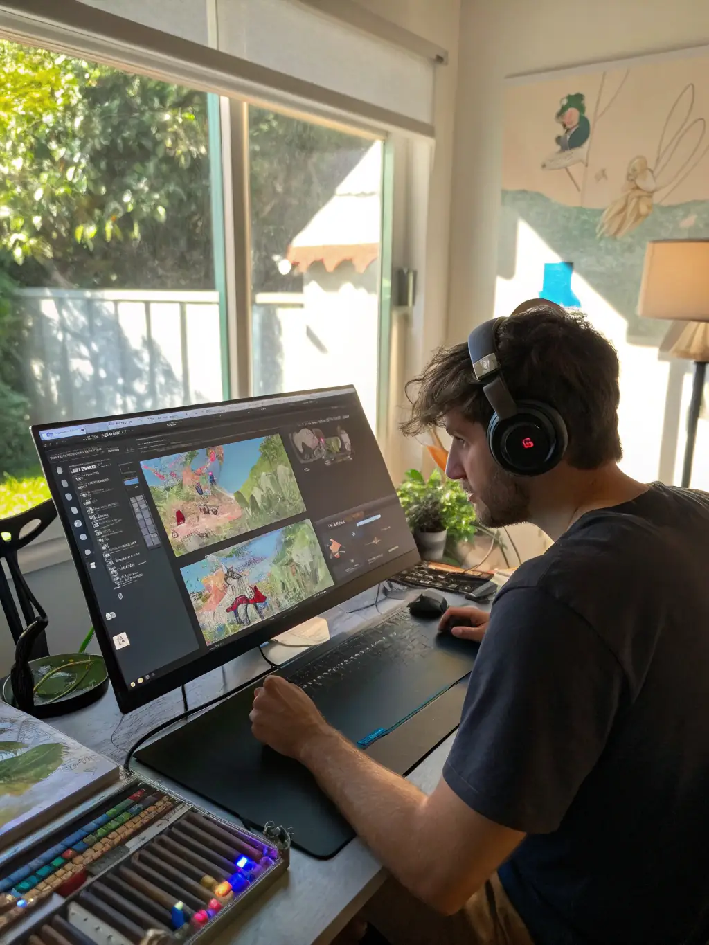 A digital artist creating visual effects on a computer, with complex 3D models and particle simulations visible on the screen, representing visual effects services.