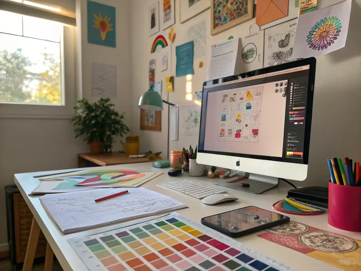 A creative graphic design workspace with a computer screen displaying graphic design software, colorful sketches, and digital art tools, set in a bright, inspiring environment, demonstrating the graphic design capabilities of the Premium Tools subscription box.