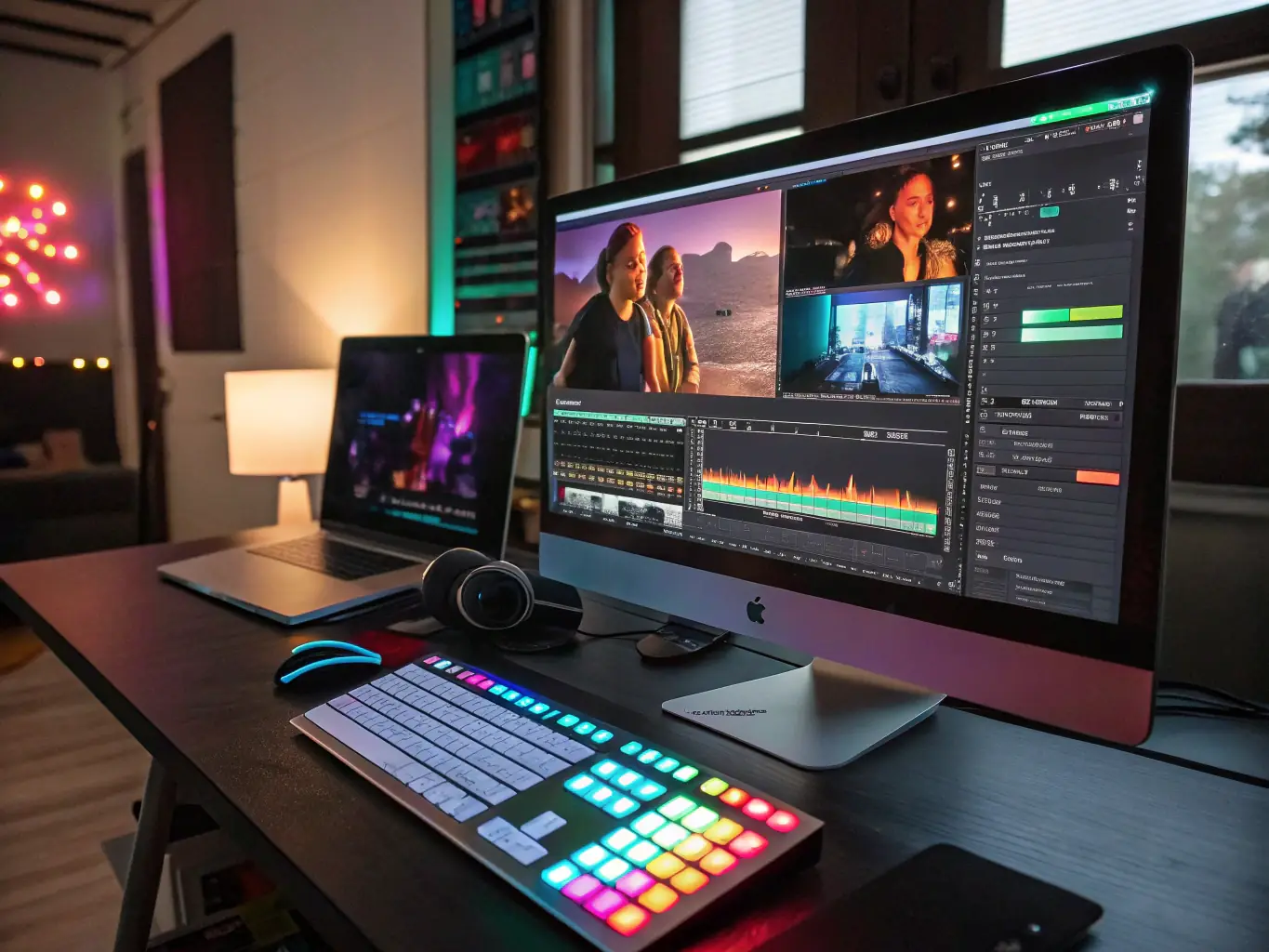 A professional video editing interface displaying a complex timeline with multiple video and audio tracks, showcasing the advanced features of video editing software included in the Premium Tools subscription box.