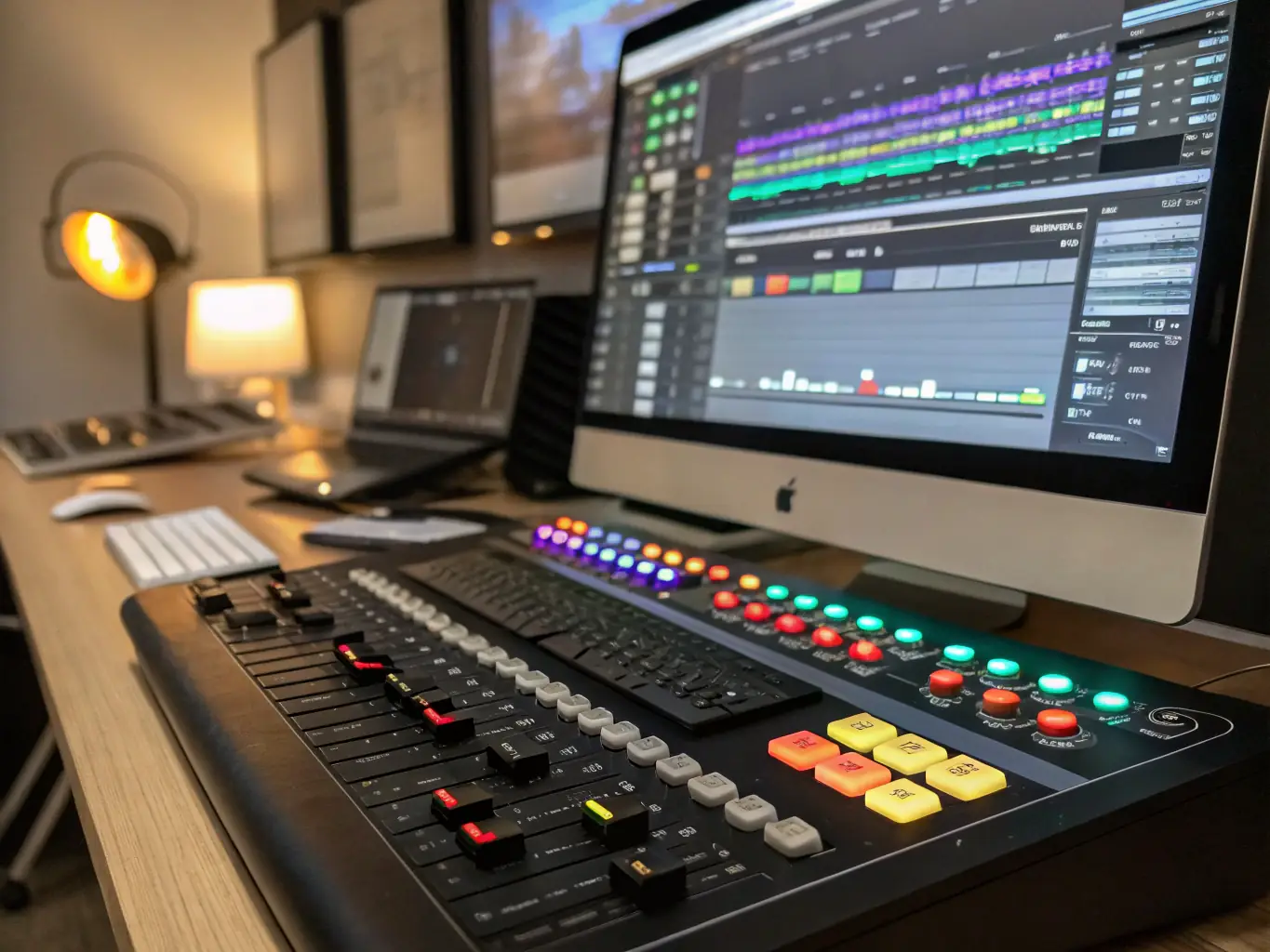 A high-end audio production setup featuring a digital audio workstation with mixing consoles, virtual instruments, and detailed audio waveforms, highlighting the audio production tools available in the Premium Tools subscription box.