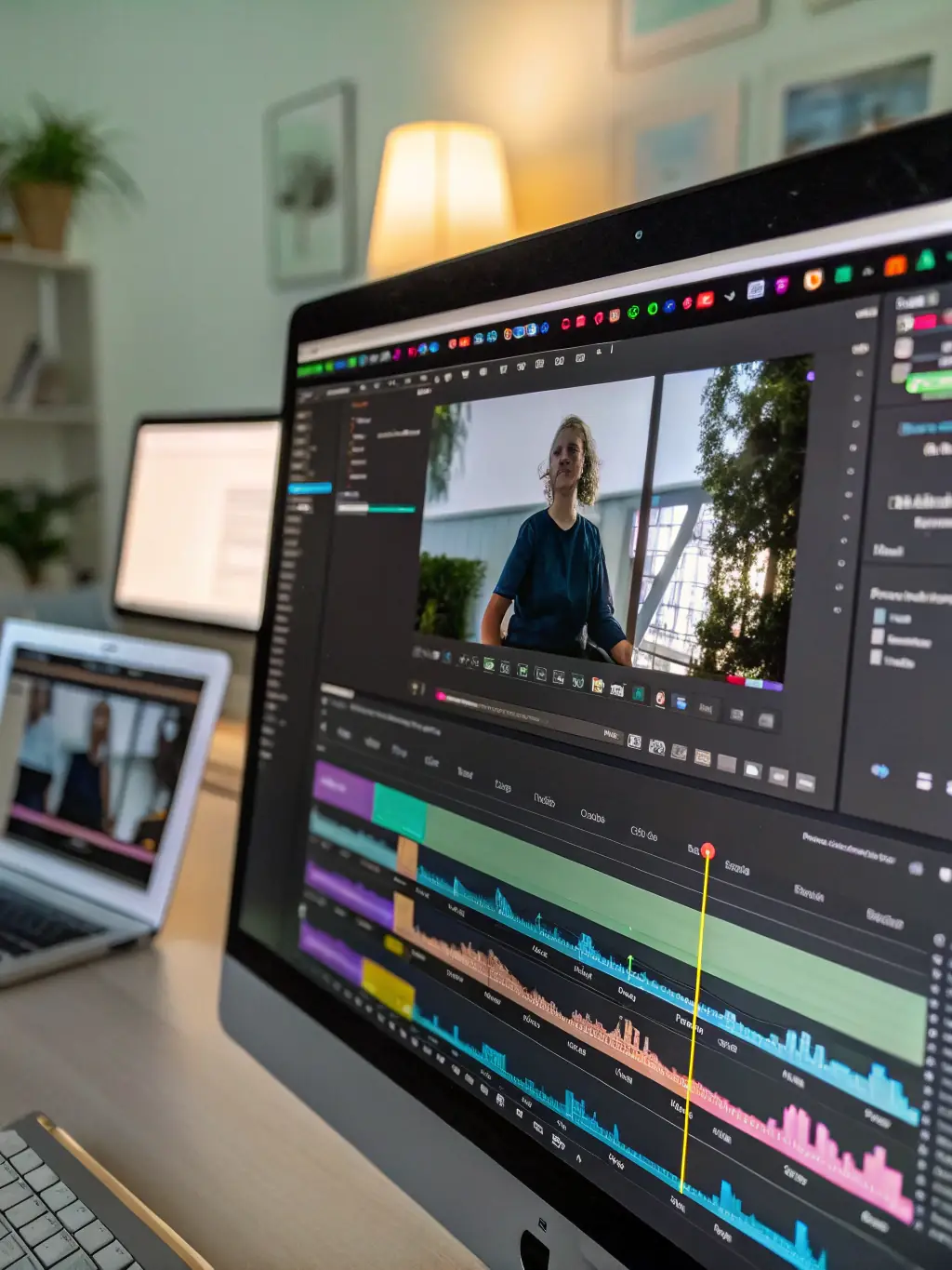 A professional video editor working on a timeline with multiple video and audio tracks, color grading tools visible on the screen, representing video post-production services.