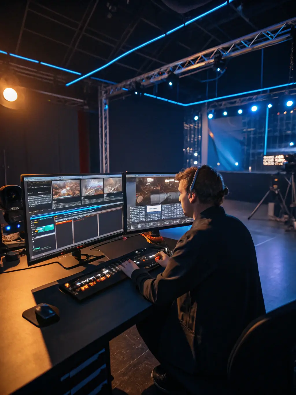 A sleek editing suite with multiple screens displaying video editing timelines and visual effects, representing Kingsteele Creative's video post-production services.