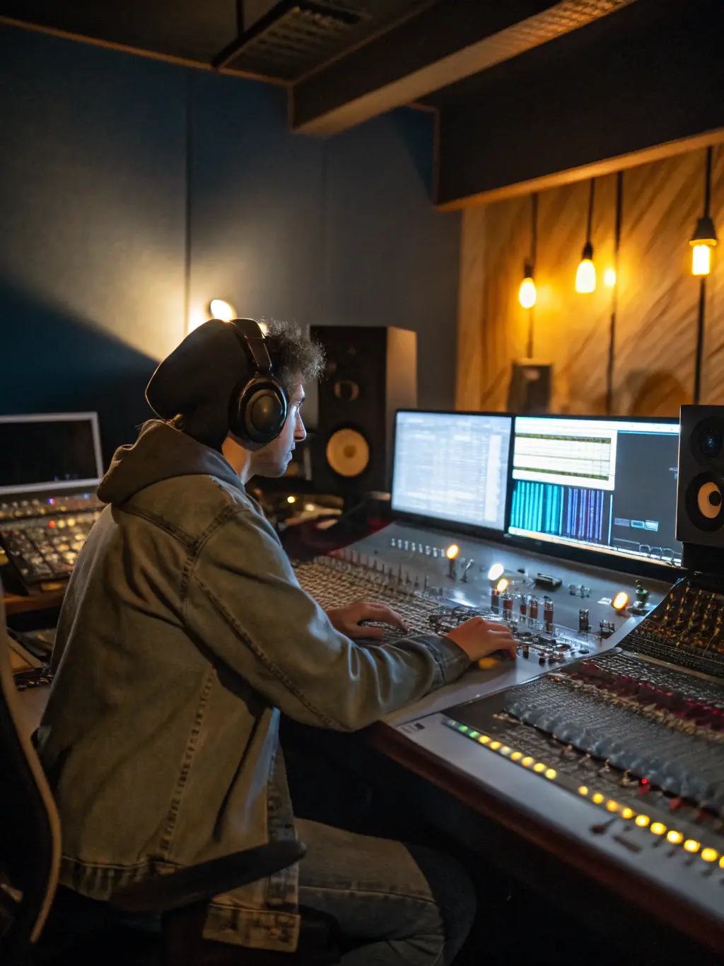 A sound designer working in a professional audio editing suite, with waveforms and audio mixing consoles visible, representing sound design services.