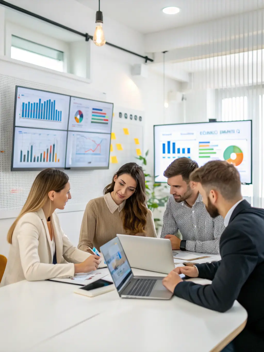 A marketing team collaborating on a digital marketing campaign, analyzing data and creating engaging content on their laptops, representing digital marketing services.